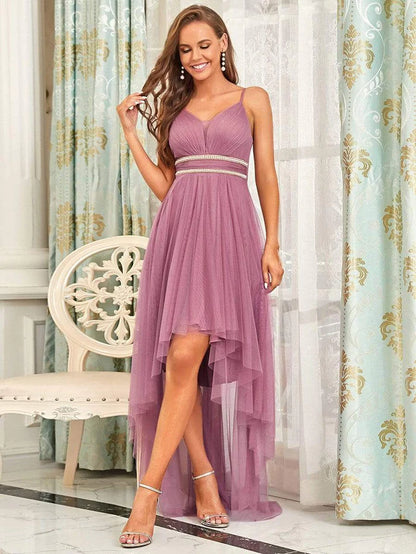 V Neck High-low Hem Pleated Tulle Prom Dress