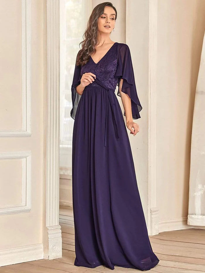 Deep V Neck Lace Bodice Long Flowy Evening Dress