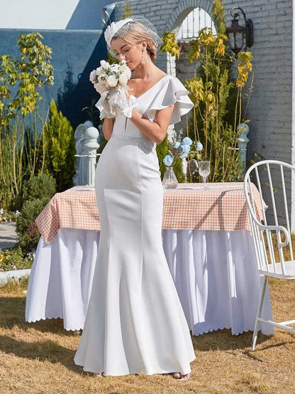 Plain Maxi Fishtail Corset Elopement Wedding Dress with Ruffle Sleeves