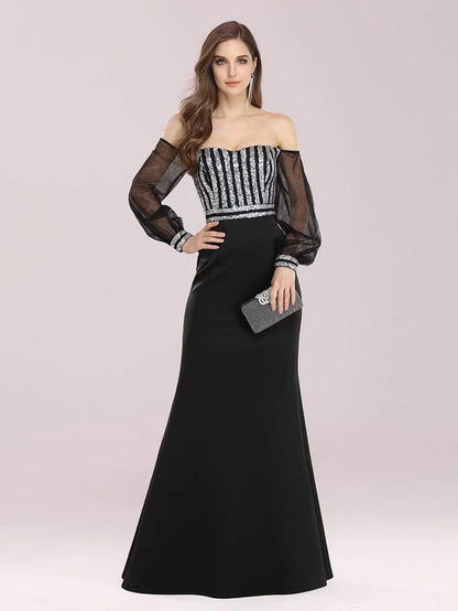 Fashion Off the Shoulder Sequin Evening Gowns With Tulle Sleeve