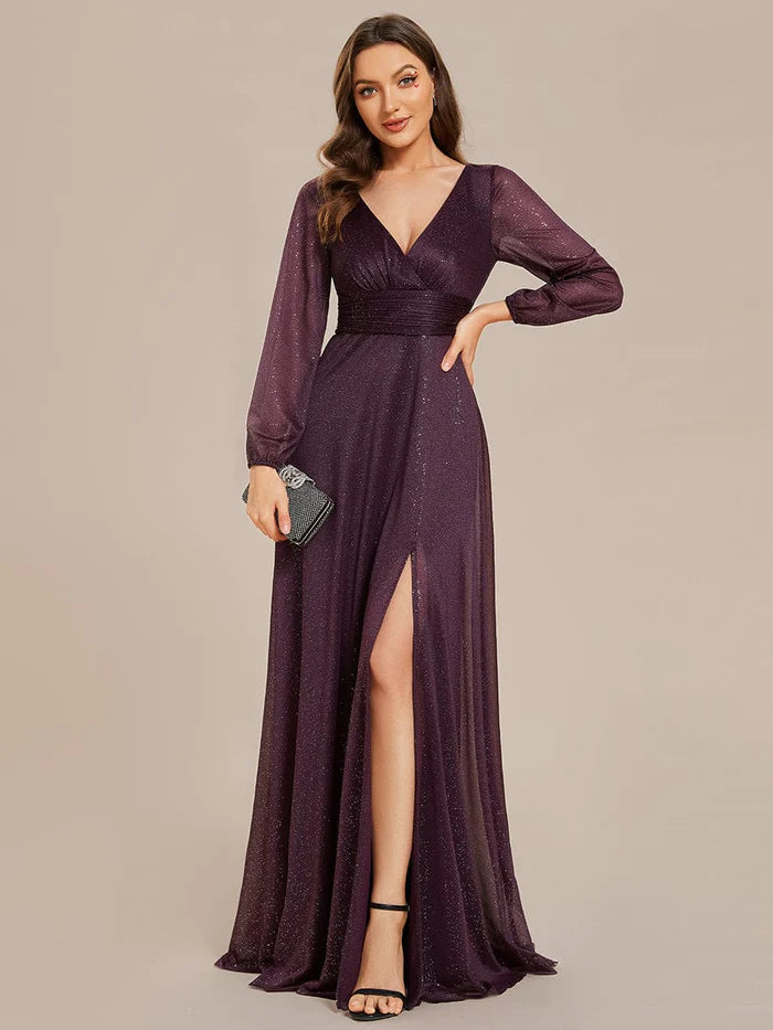 Women's Sexy Long Sleeve V-Neck Shiny Evening Dress