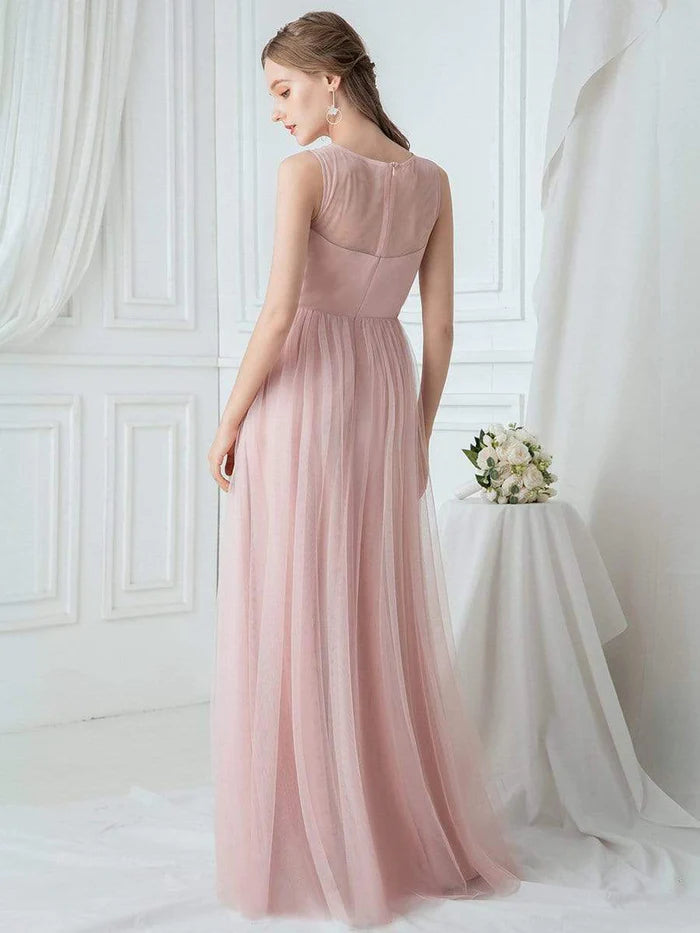 Elegant See Through Round Neck Applique Tulle Bridesmaid Dress