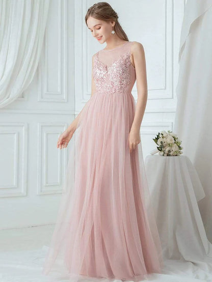 Elegant See Through Round Neck Applique Tulle Bridesmaid Dress