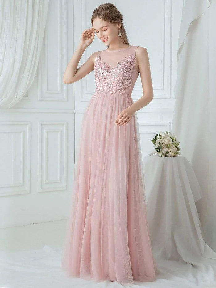 Elegant See Through Round Neck Applique Tulle Bridesmaid Dress