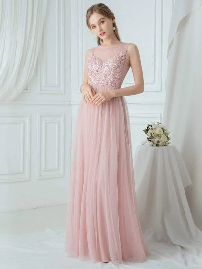 Elegant See Through Round Neck Applique Tulle Bridesmaid Dress