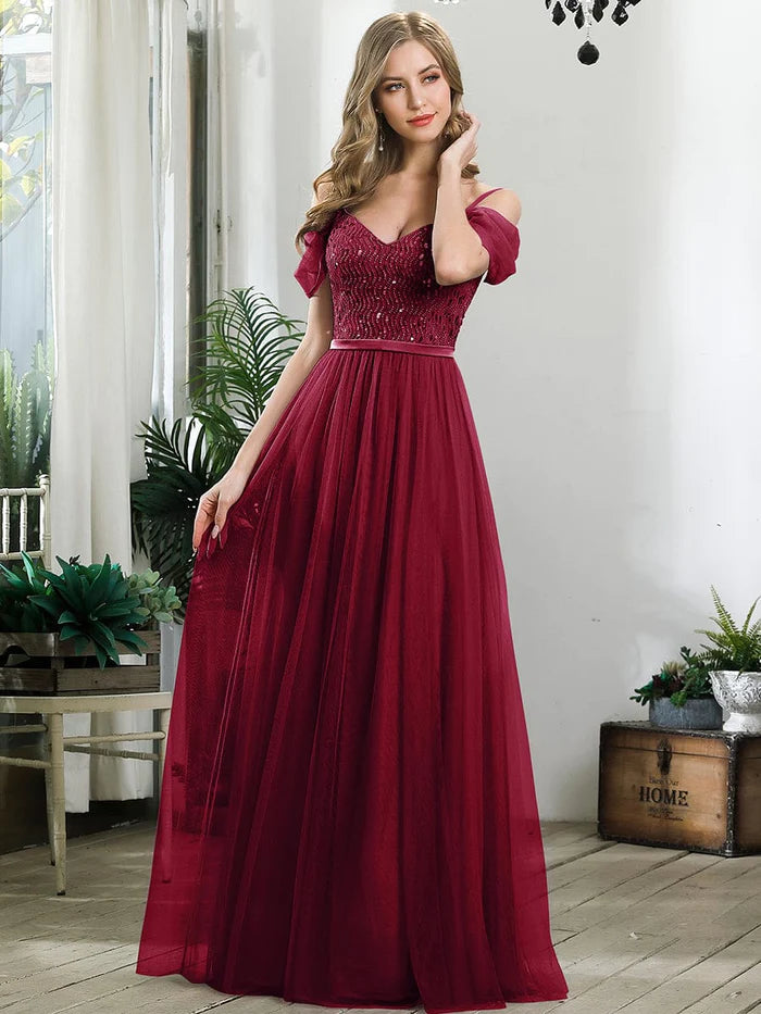 Cold Shoulder Sequin Bodice Long Tulle Bridesmaid Dress