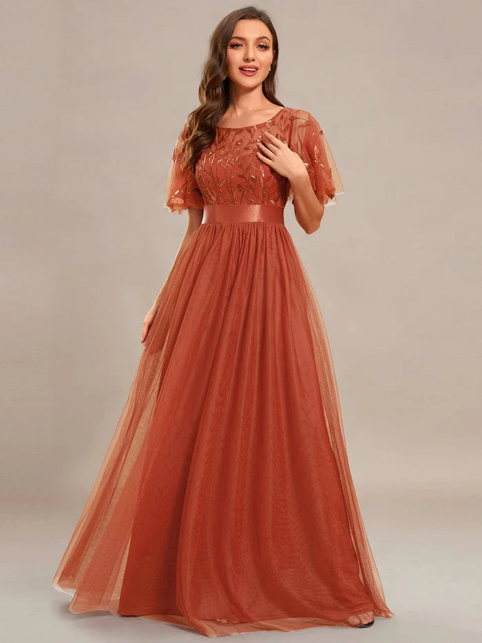 Women's A-Line Short Sleeve Embroidery Floor Length Evening Dresses