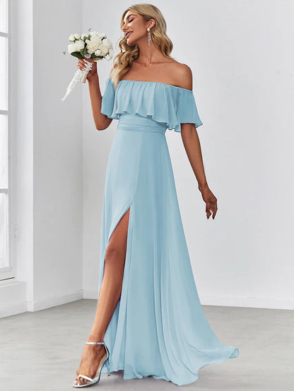 Ruffle Off-Shoulder Side Slit Long Chiffon Bridesmaid Dress