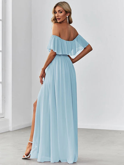 Ruffle Off-Shoulder Side Slit Long Chiffon Bridesmaid Dress