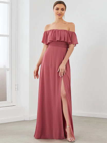 Ruffle Off-Shoulder Side Slit Long Chiffon Bridesmaid Dress