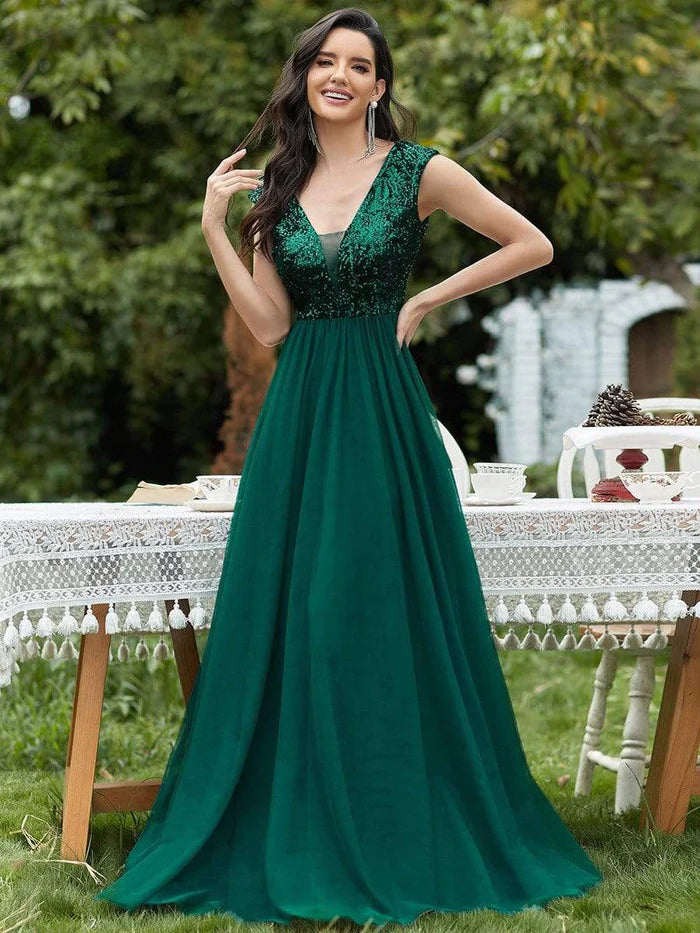 Floor Length Deep V Neck Sequin Prom Dresses for Women