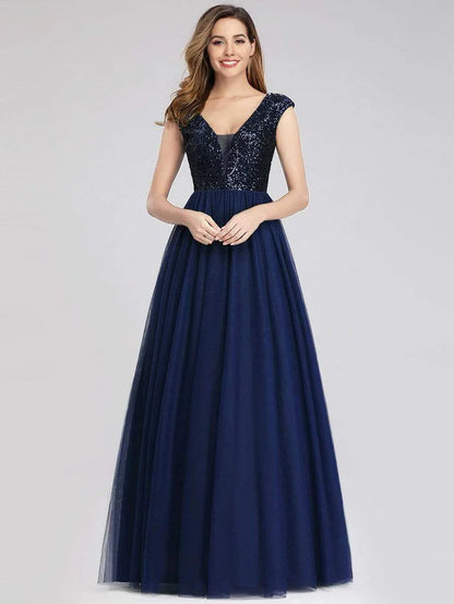 Floor Length Deep V Neck Sequin Prom Dresses for Women