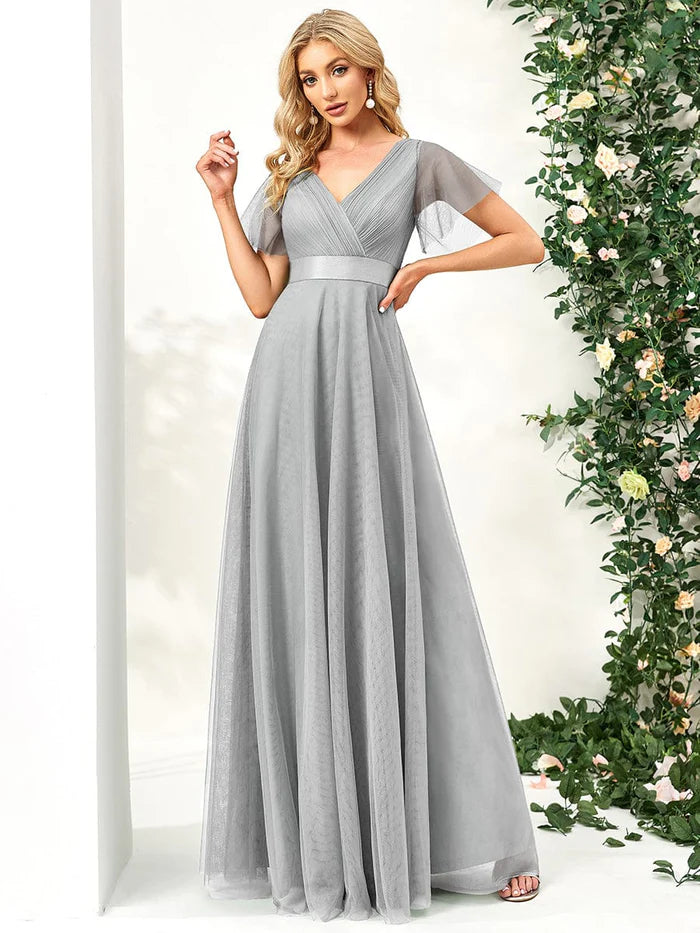 V-Neck Floor-Length Short Sleeve Tulle Bridesmaid Dresses