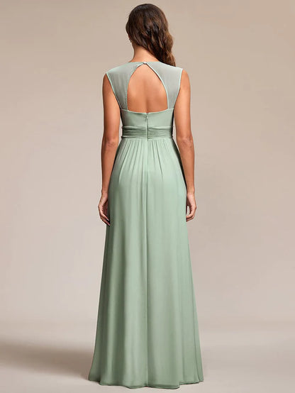 V-Neck Sleeveless Beaded Belt Chiffon A-Line Evening Dress