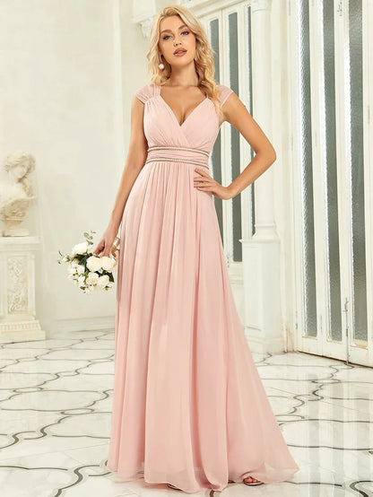 V-Neck Sleeveless Beaded Belt Chiffon A-Line Evening Dress