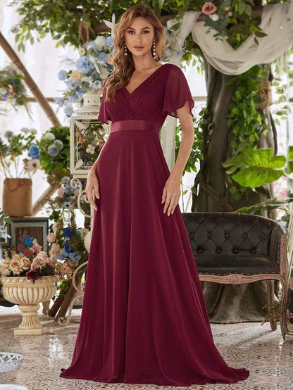 Long Chiffon Empire Waist Bridesmaid Dress with Short Flutter Sleeves