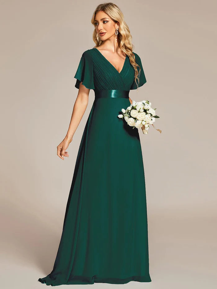 Long Chiffon Empire Waist Bridesmaid Dress with Short Flutter Sleeves