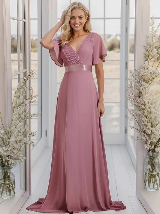 Long Empire Waist Bridesmaid Dress with Short Flutter Sleeves