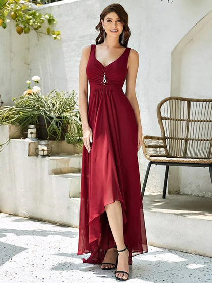 V-Neck High-Low Chiffon Evening Party Dress