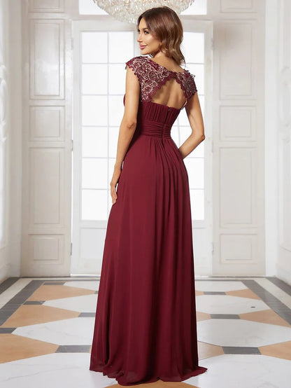 Elegant Lace Cap Sleeve Maxi Long Chiffon Bridesmaid Dress