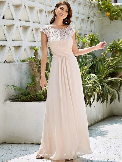 Elegant Maxi Long Lace Bridesmaid Dress with Cap Sleeve