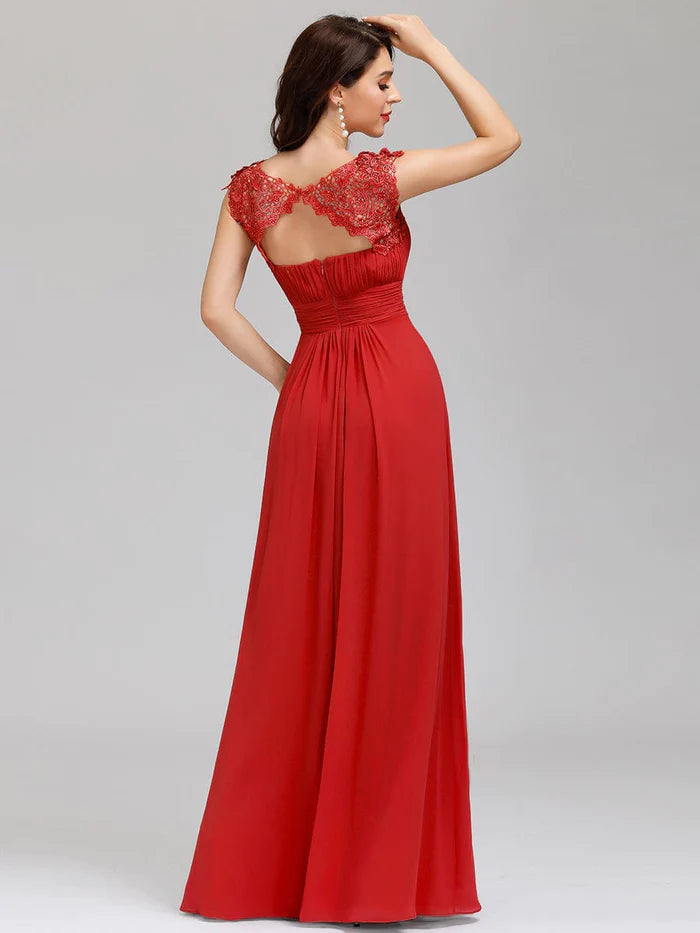 Elegant Floor-Length Lace Cap Sleeve Bridesmaid Dress