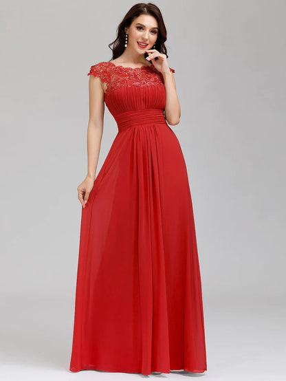 Elegant Floor-Length Lace Cap Sleeve Bridesmaid Dress