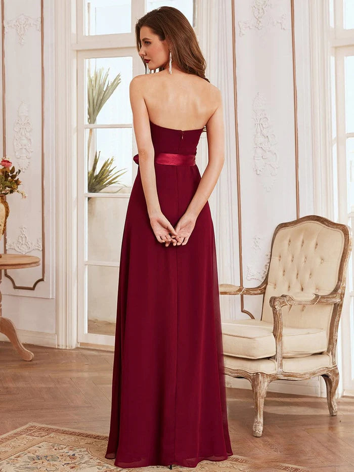 Romantic Strapless Knotted Waistband Long Bridesmaid Dress