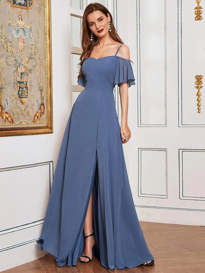 Stylish Cold Shoulder Flare Sleeves Flowy Bridesmaid Dress