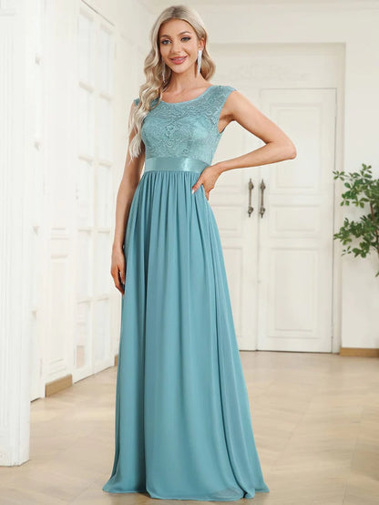 Classic Round Neck Backless Lace Bodice Bridesmaid Dress