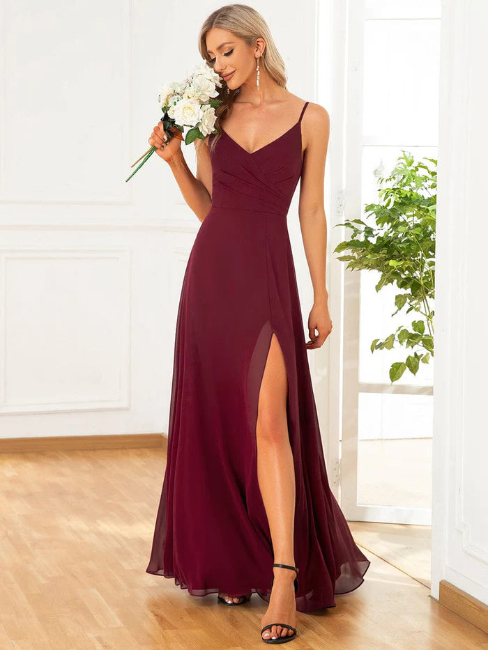 Custom Size Pleated V-Neck Spaghetti Strap High Slit Bridesmaid Dress