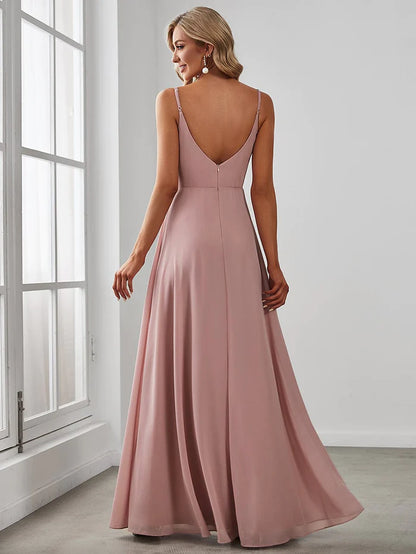 Custom Size Pleated V-Neck Spaghetti Strap High Slit Bridesmaid Dress