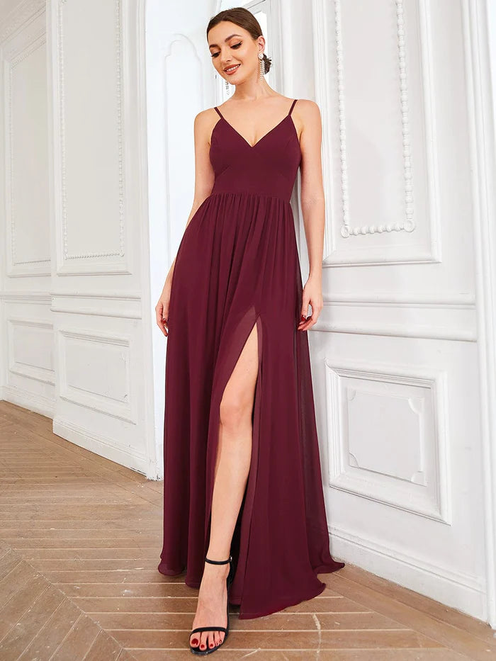 Chiffon Plunging V-Neck Spaghetti Strap Ruched A-Line Front Slit Bridesmaid Dress