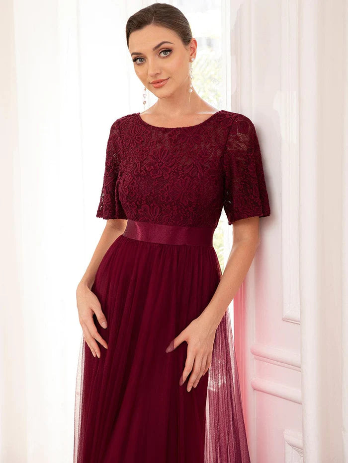 Short Sleeve Backless Ribbon Waist A-Line Tulle Bridesmaid Dress