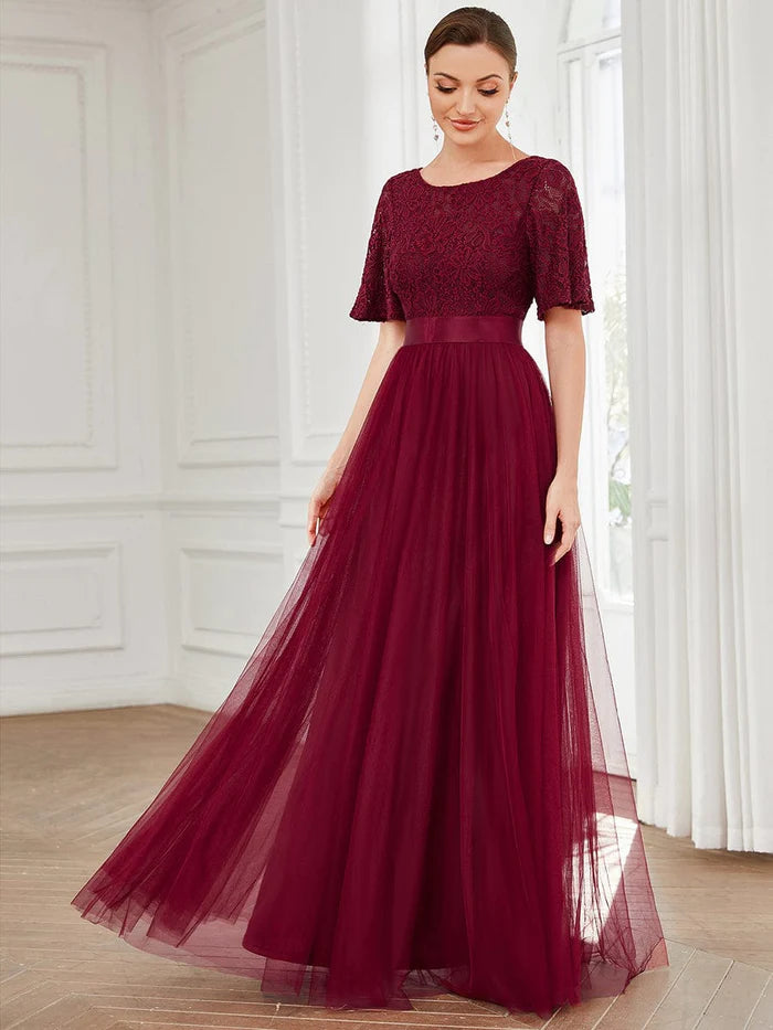 Short Sleeve Backless Ribbon Waist A-Line Tulle Bridesmaid Dress