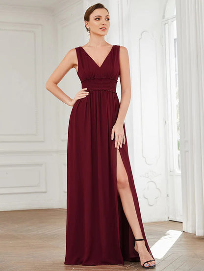 Pleated Chiffon V-Neck Sleeveless Front Slit Bridesmaid Dress