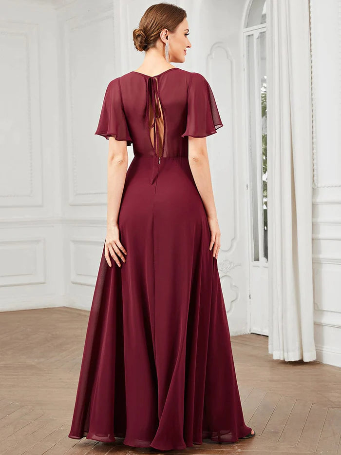 Chiffon Tie-Back Keyhole Short Sleeve A-line Bridesmaid Dress