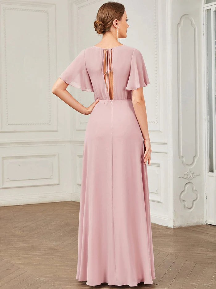 Chiffon Tie-Back Keyhole Short Sleeve A-line Bridesmaid Dress