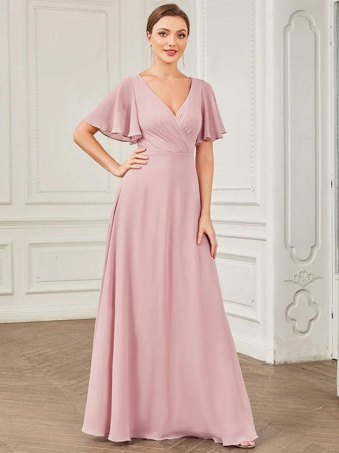 Chiffon Tie-Back Keyhole Short Sleeve A-line Bridesmaid Dress