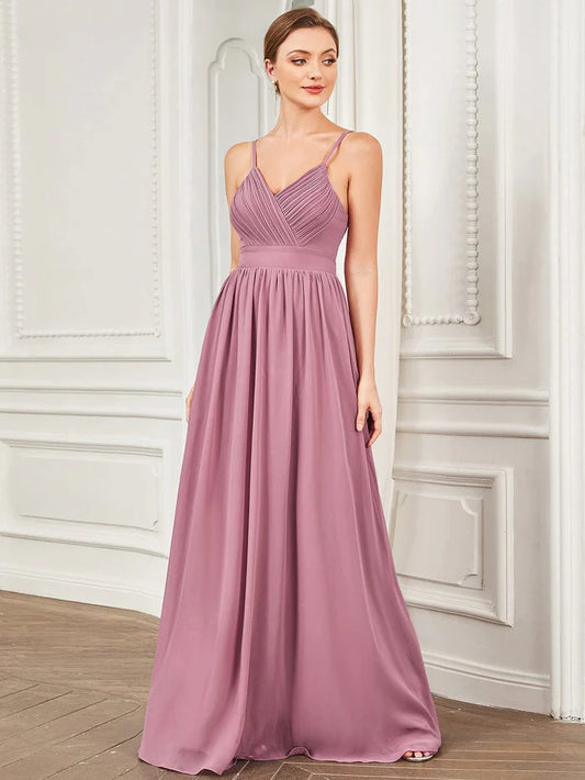 Chiffon Spaghetti Strap V-Neck Pleated A-Line Bridesmaid Dress