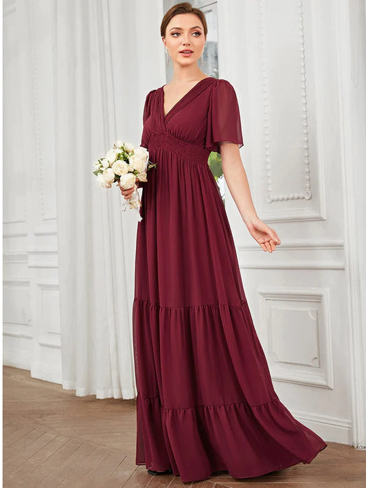 Chiffon Short Sleeve V-Neck Vintage Prairie Floor-Length Bridesmaid Dress