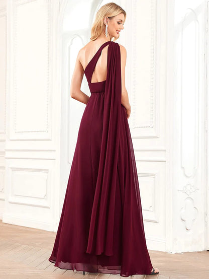 Asymmetrical Sleeve A-Line Pleated Chiffon Bridesmaid Dress