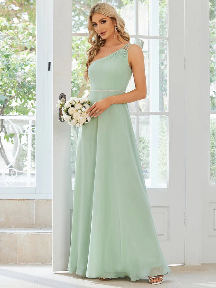 Flowy Chiffon One-Shoulder with Three Straps Bridesmaid Dress