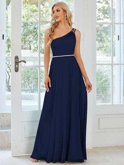 Flowy Chiffon One-Shoulder with Three Straps Bridesmaid Dress