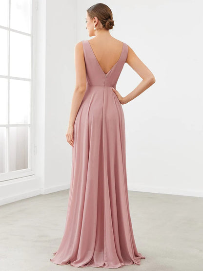 Chiffon Ruffled Hem Front Slit V-Neck Sleeveless Bridesmaid Dress