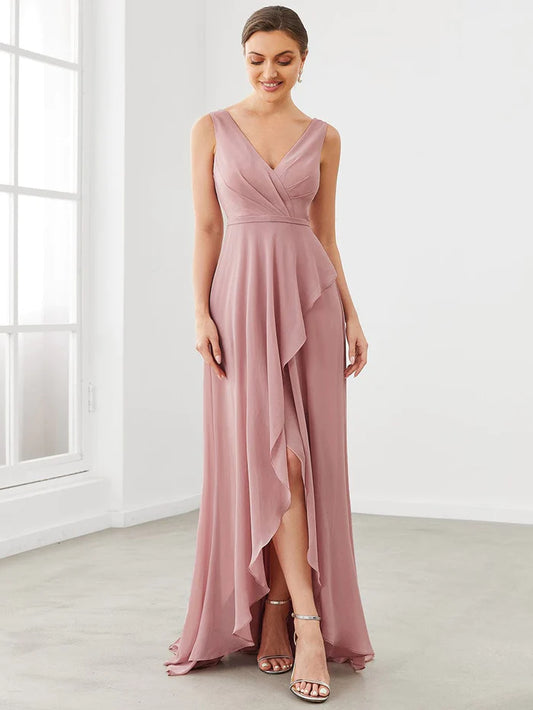 Chiffon Ruffled Hem Front Slit V-Neck Sleeveless Bridesmaid Dress