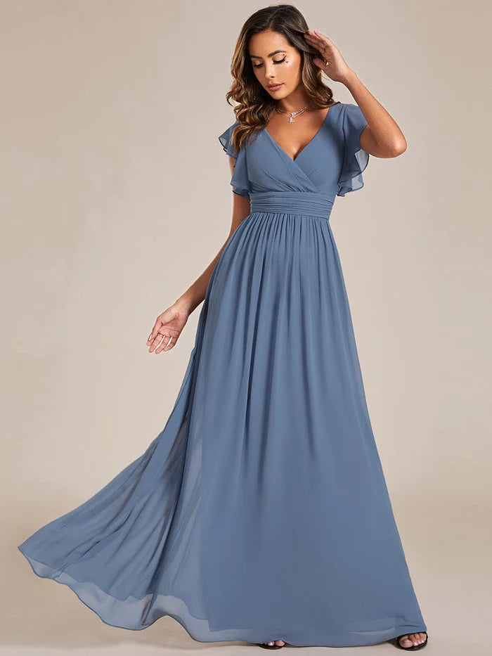 Back Cutout A-Line Pleated Ruffles Sleeve Chiffon Bridesmaid Dress