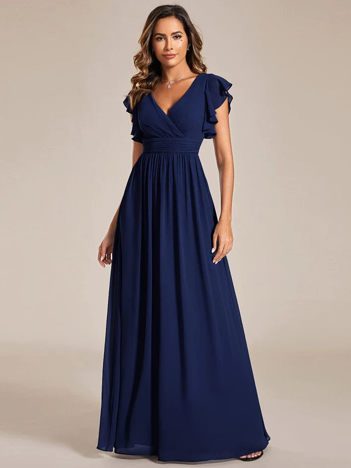 Back Cutout A-Line Pleated Ruffles Sleeve Chiffon Bridesmaid Dress