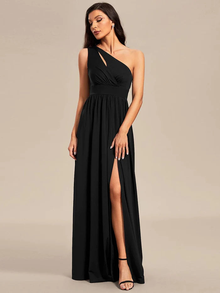 One Shoulder High Front Slit Hollow Out Neckline Bridesmaid Dress