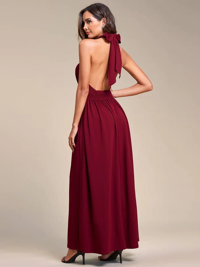 Convertible Halter A-Line  Waist Tea Length Backless Bridesmaid Dress